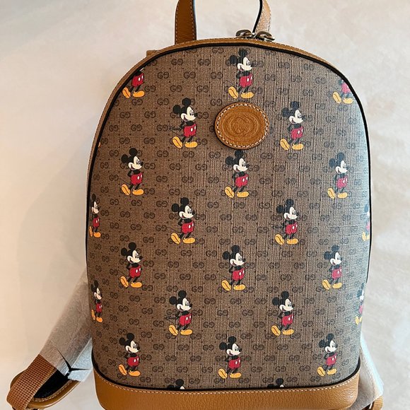 Gucci GG Disney X Mickey Mouse Supreme Leather Backpack Tan Brown Italy Bag NEW